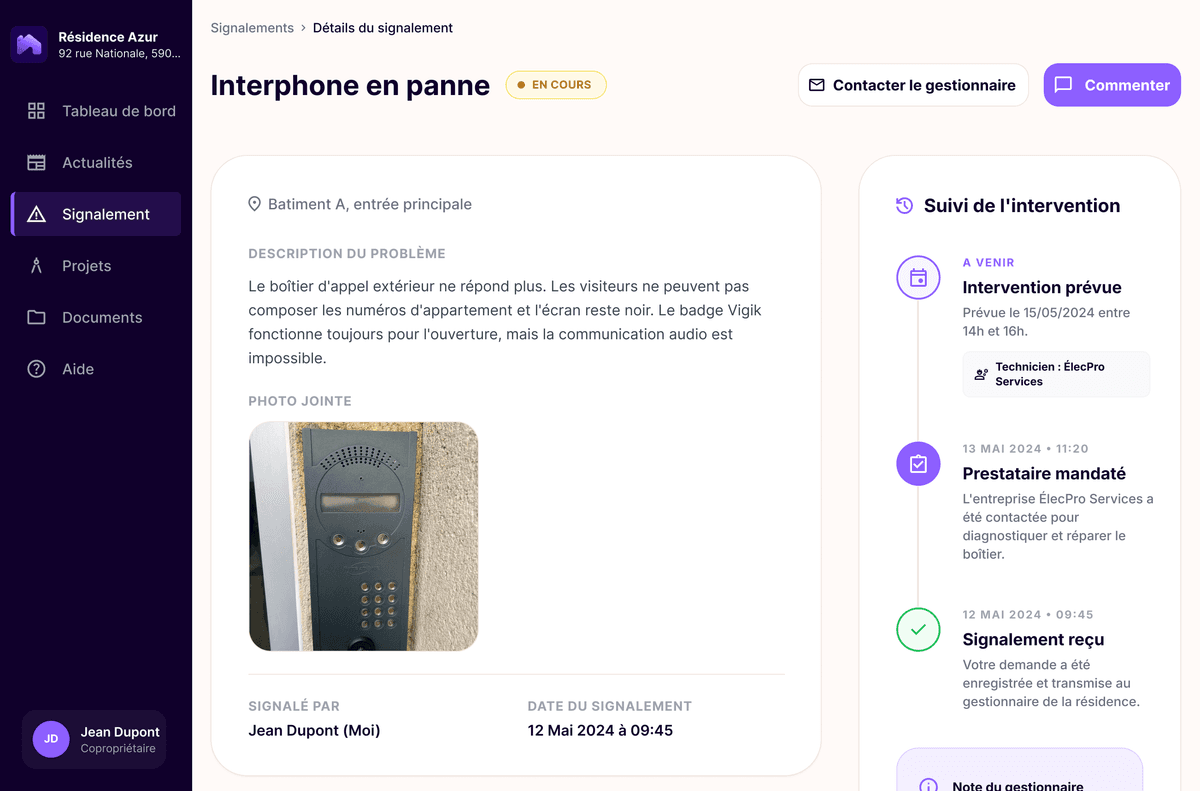 Capture d'écran – Signalements avec suivi temps réel